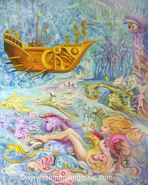 fantasy creatures floating in a pale blue background. An ominous golden ship crosses the top of the picture