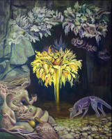 waterfall in the shape of yellow blossoms with transparent thylacine drinking from pool