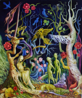 dark blue painting with colourful transparent trees, figure picking petals from a flower