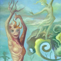 tree-like ballerina on left, bridge leading into the distance where other figures dance on green tree-tops